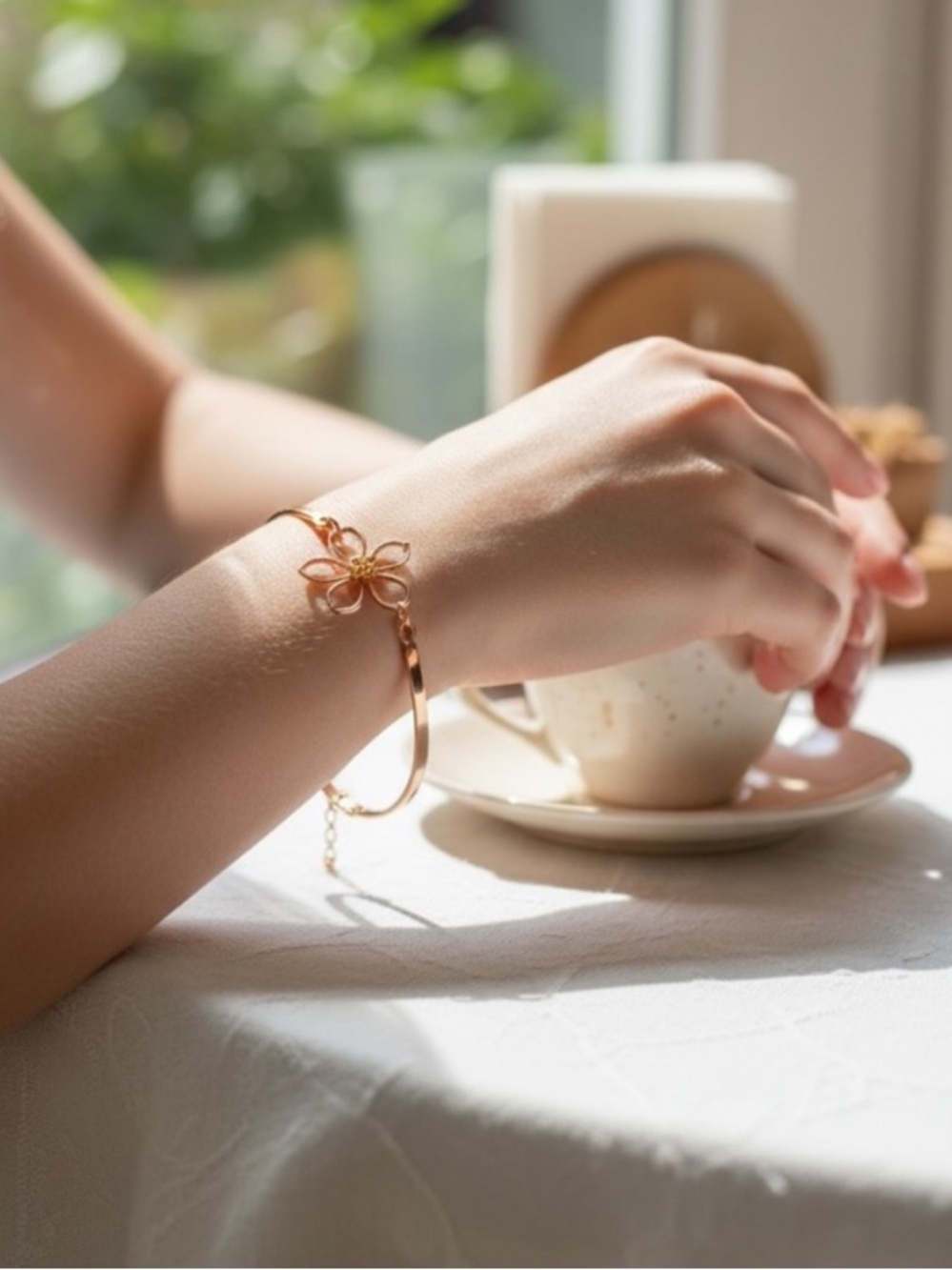 Delicate Rose Gold Flower Bangle Bracelet